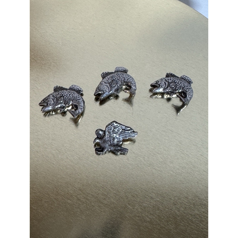Lot 4 Pewter Miniatures – 3D Fish Trout Charms & Flat-Back Eagle Figurine .5"